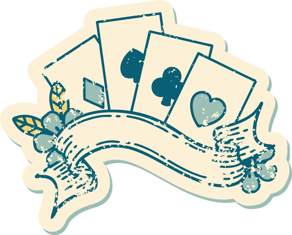 iconic distressed sticker tattoo style image of cards and banner vector