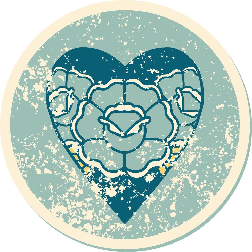 iconic distressed sticker tattoo style image of a heart and flowers vector