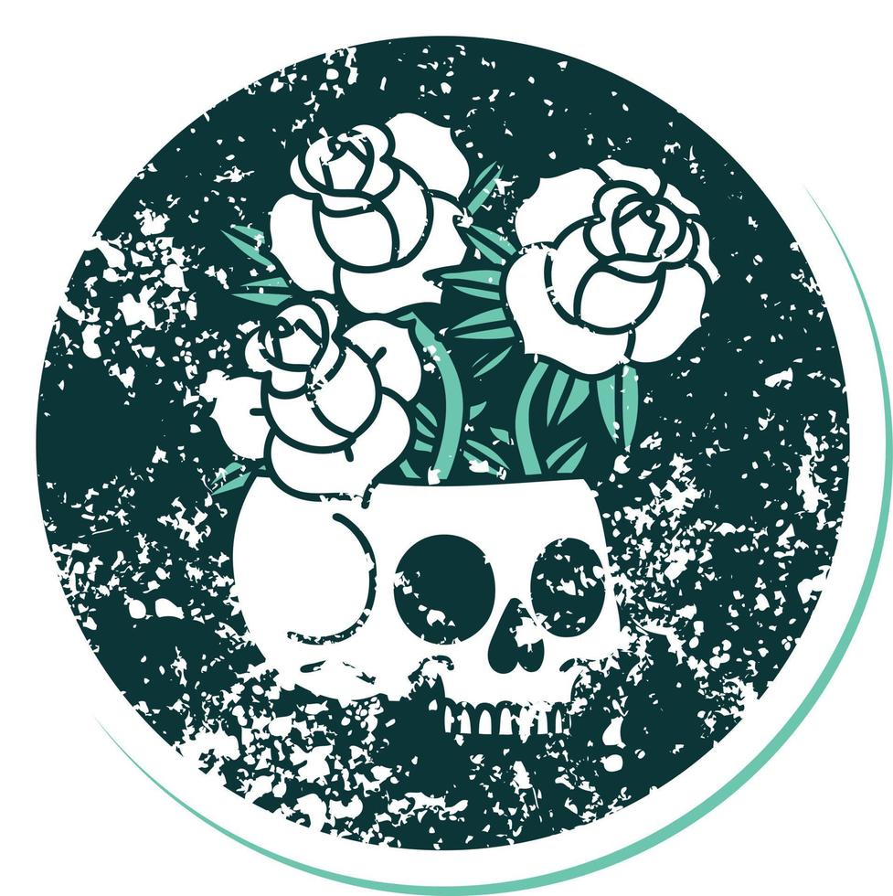 iconic distressed sticker tattoo style image of a skull and roses vector