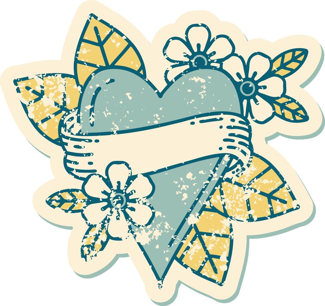 iconic distressed sticker tattoo style image of a heart and banner vector