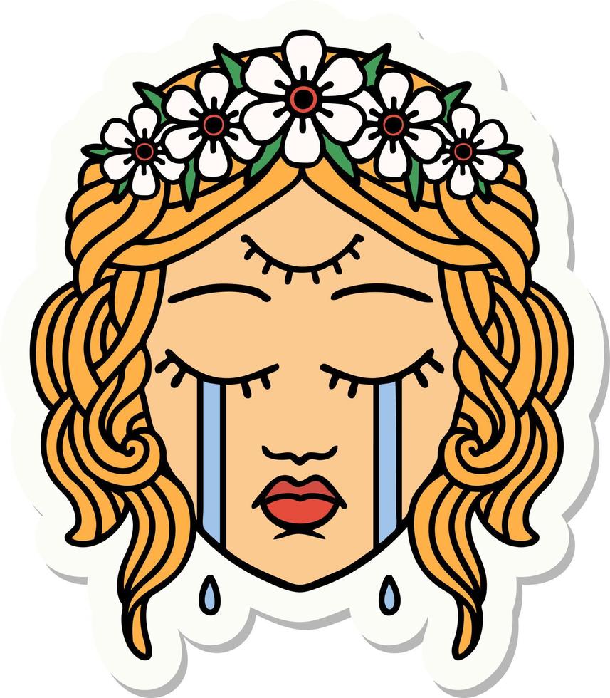 pegatina de tatuaje al estilo tradicional de rostro femenino con tercer ojo y corona de flores llorando vector