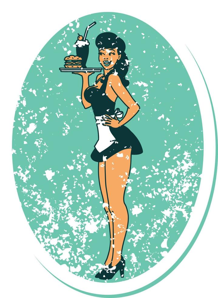 distressed sticker tattoo in traditional style of a pinup waitress girl vector