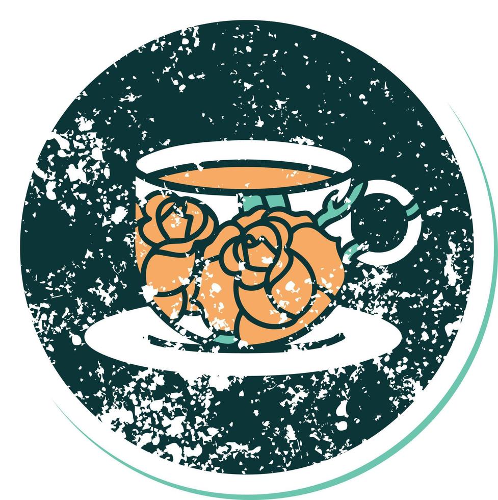 iconic distressed sticker tattoo style image of a cup and flowers vector