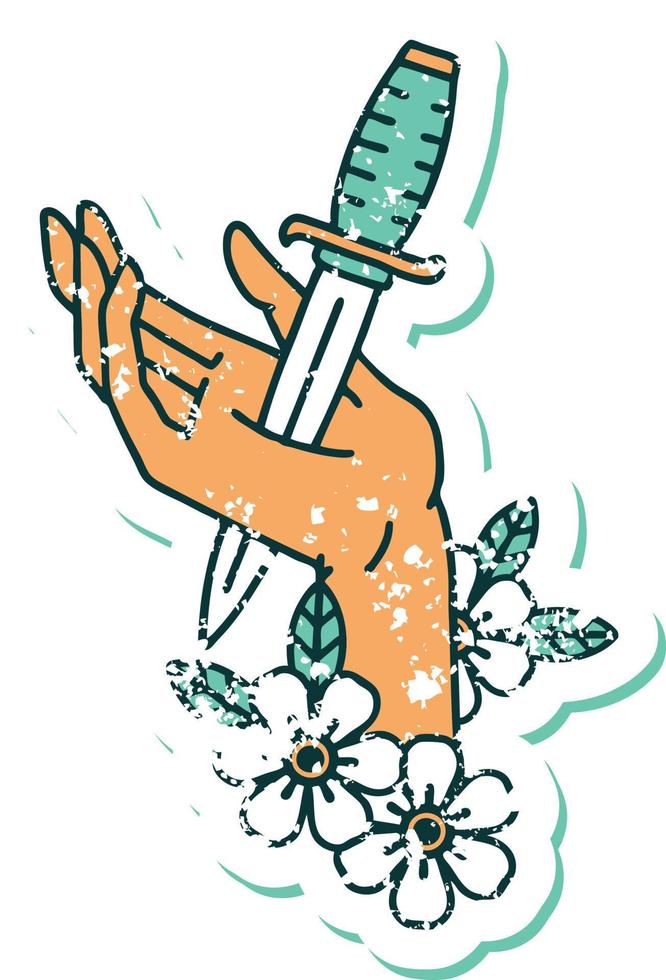 iconic distressed sticker tattoo style image of a dagger in the hand vector