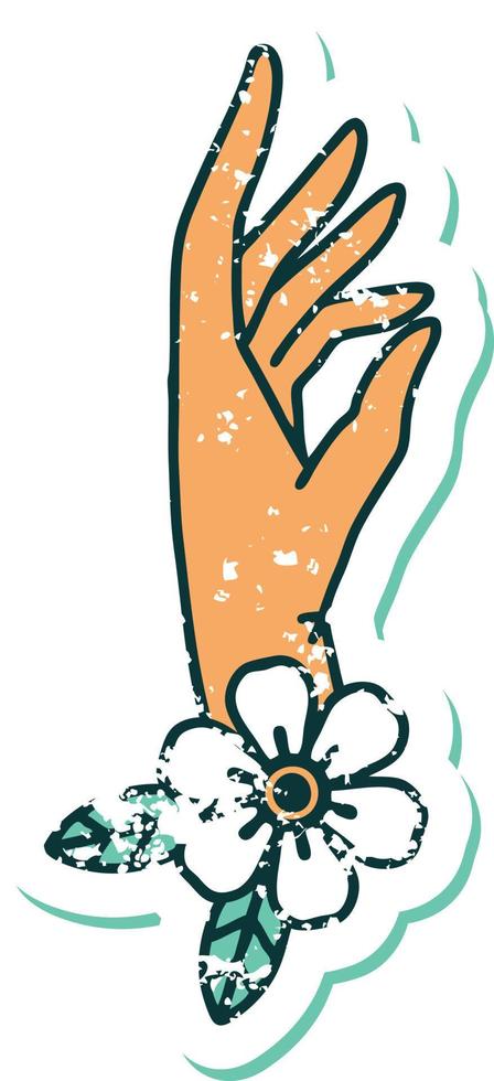 iconic distressed sticker tattoo style image of a hand and flower vector