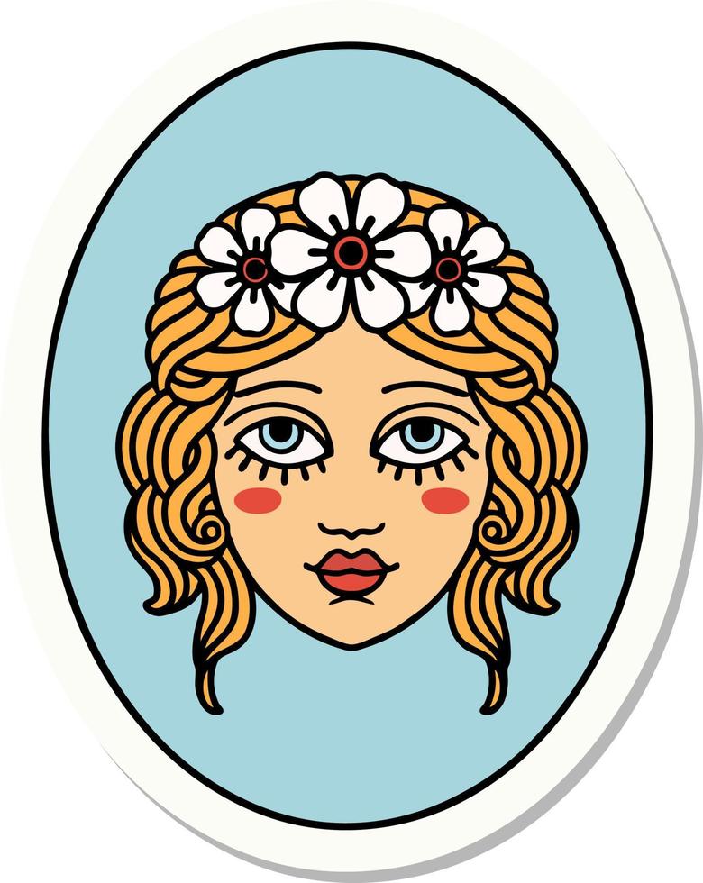 sticker of tattoo in traditional style of a maiden with flowers in her hair vector