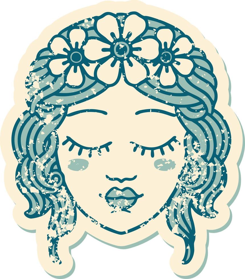 iconic distressed sticker tattoo style image of female face with eyes closed vector