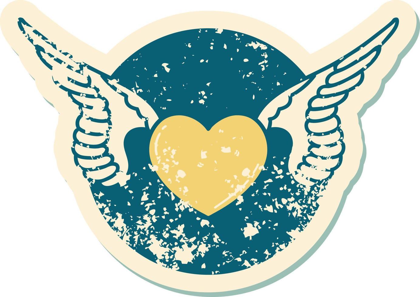 iconic distressed sticker tattoo style image of a heart with wings vector