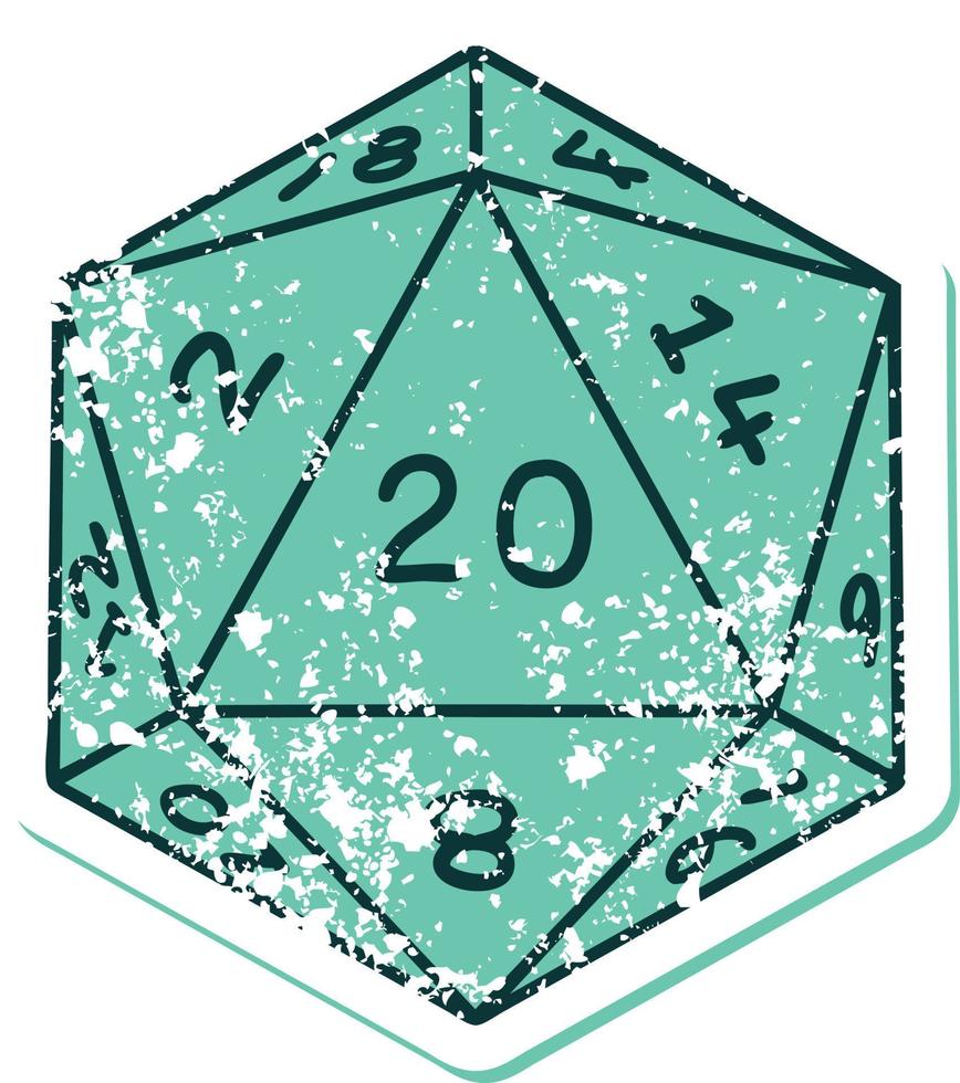 icónica pegatina angustiada imagen de estilo tatuaje de un dado d20 vector