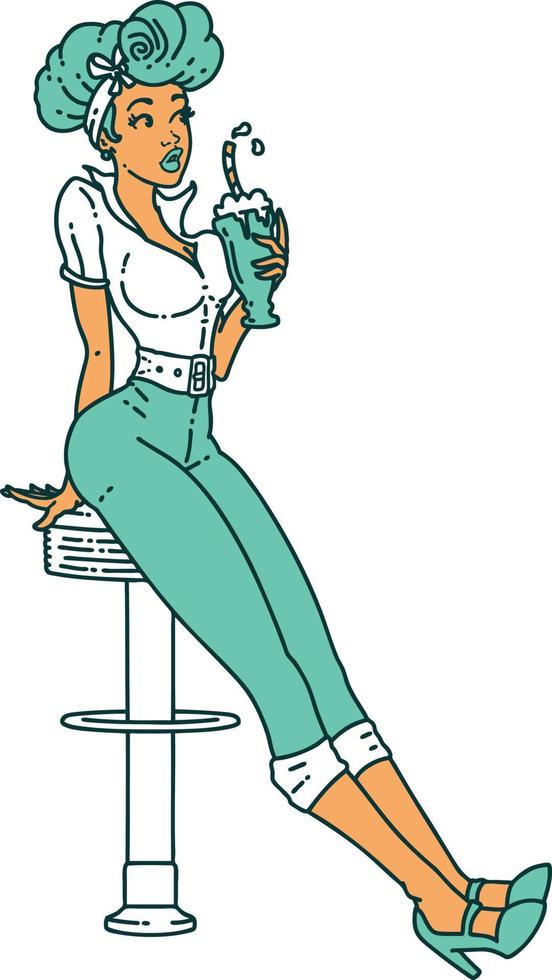 tattoo in traditional style of a pinup girl drinking a milkshake vector