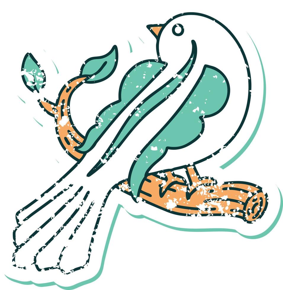 iconic distressed sticker tattoo style image of a bird on a branch vector