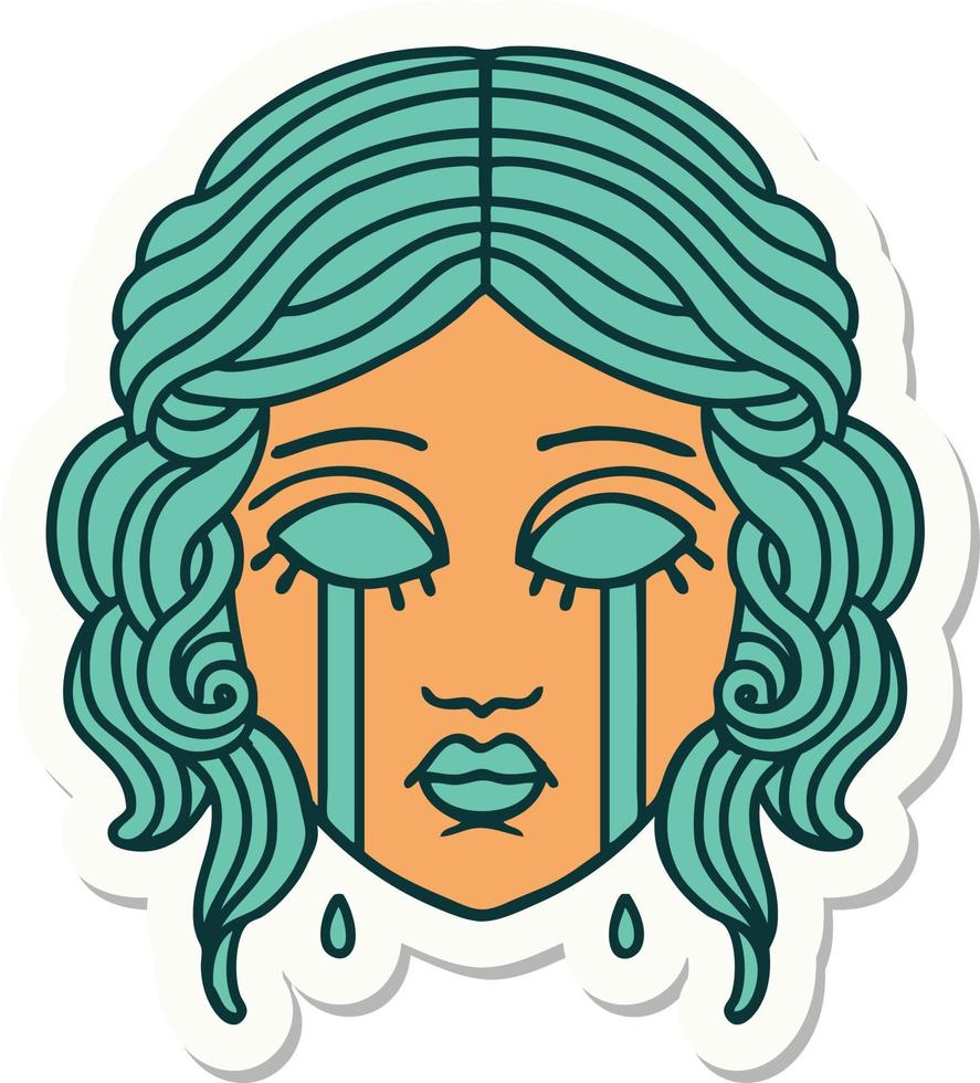 sticker of tattoo in traditional style of female face crying vector