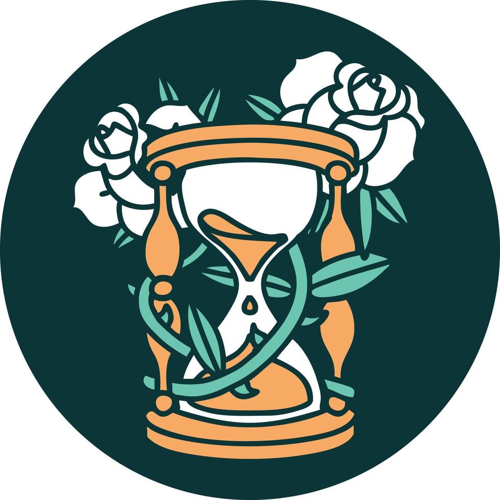 iconic tattoo style image of an hour glass and flowers vector