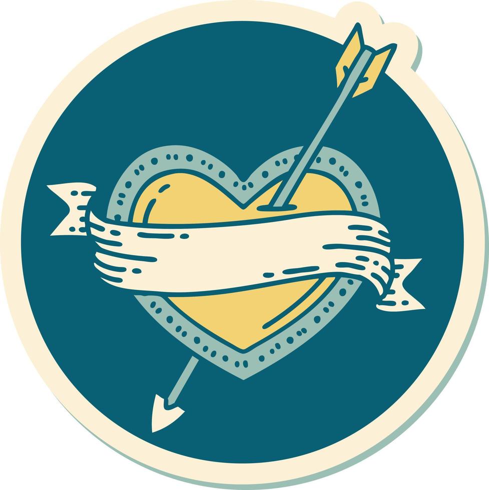 sticker of tattoo in traditional style of an arrow heart and banner vector