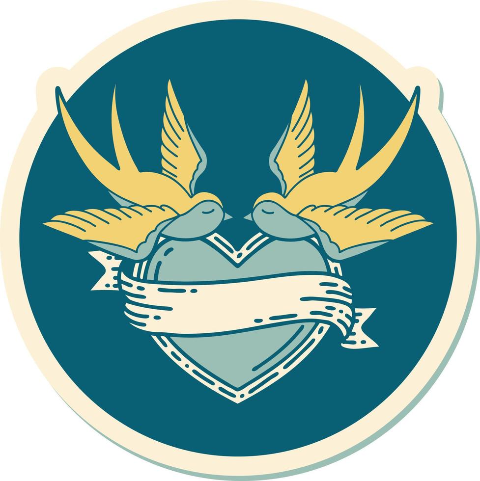 sticker of tattoo in traditional style of swallows and a heart with banner vector