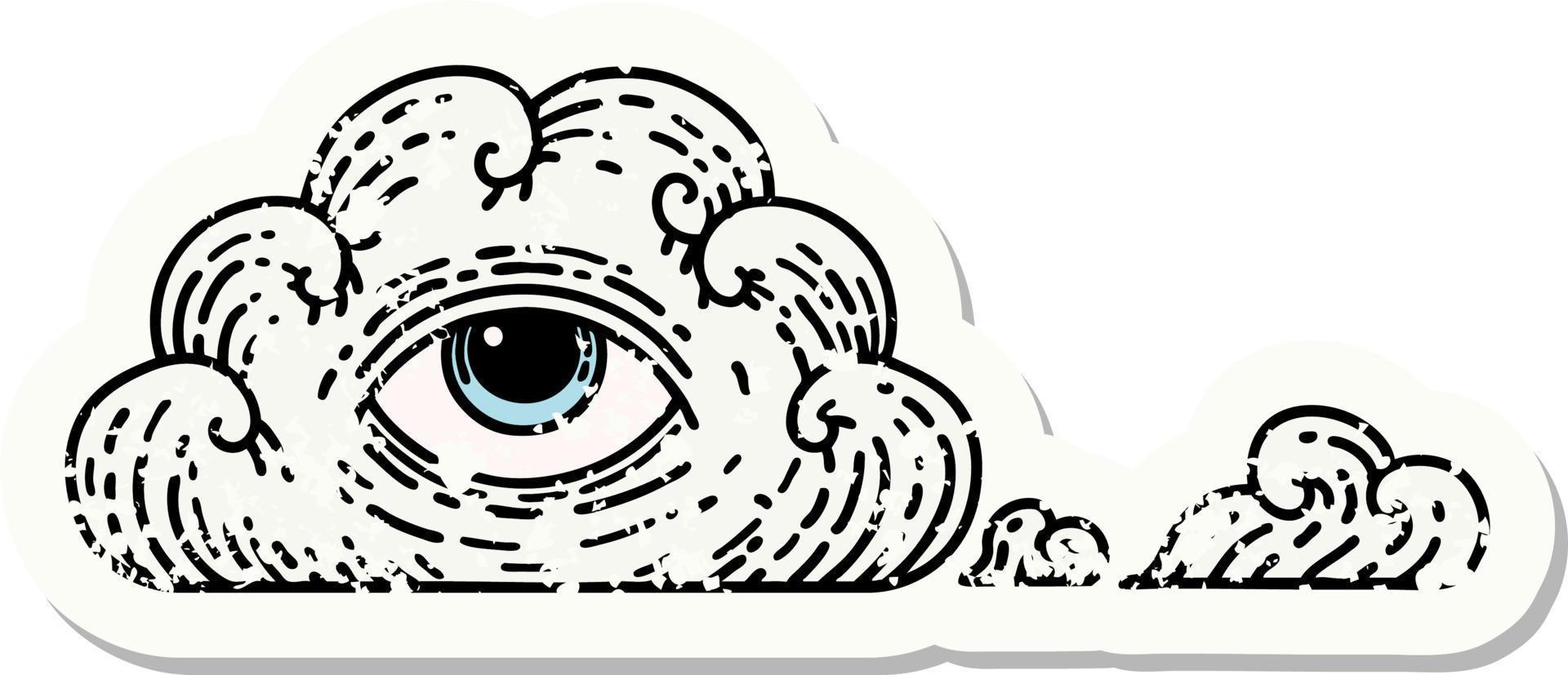 distressed sticker tattoo in traditional style of an all seeing eye cloud vector