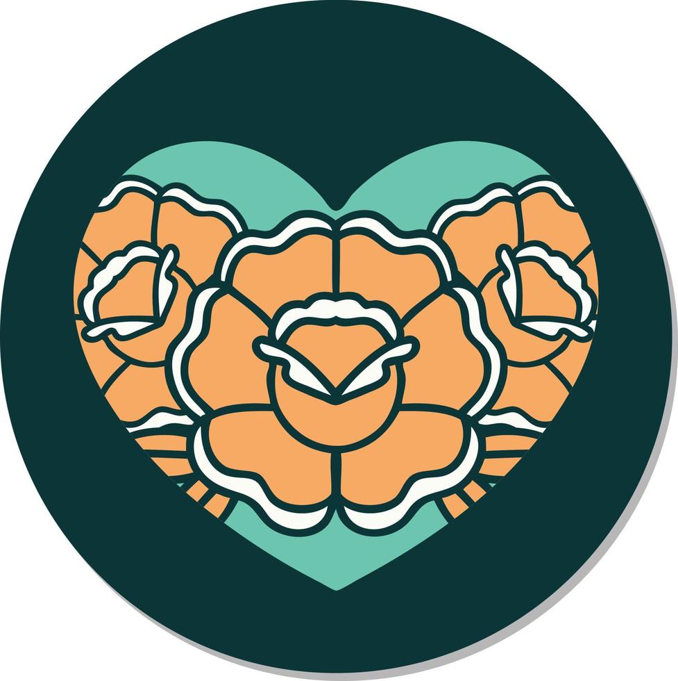 sticker of tattoo in traditional style of a heart and flowers vector