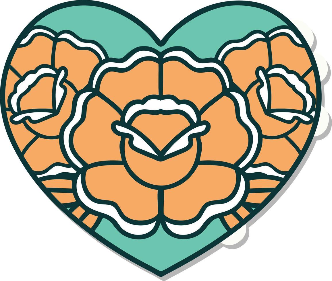 pegatina de tatuaje al estilo tradicional de un corazón y flores vector