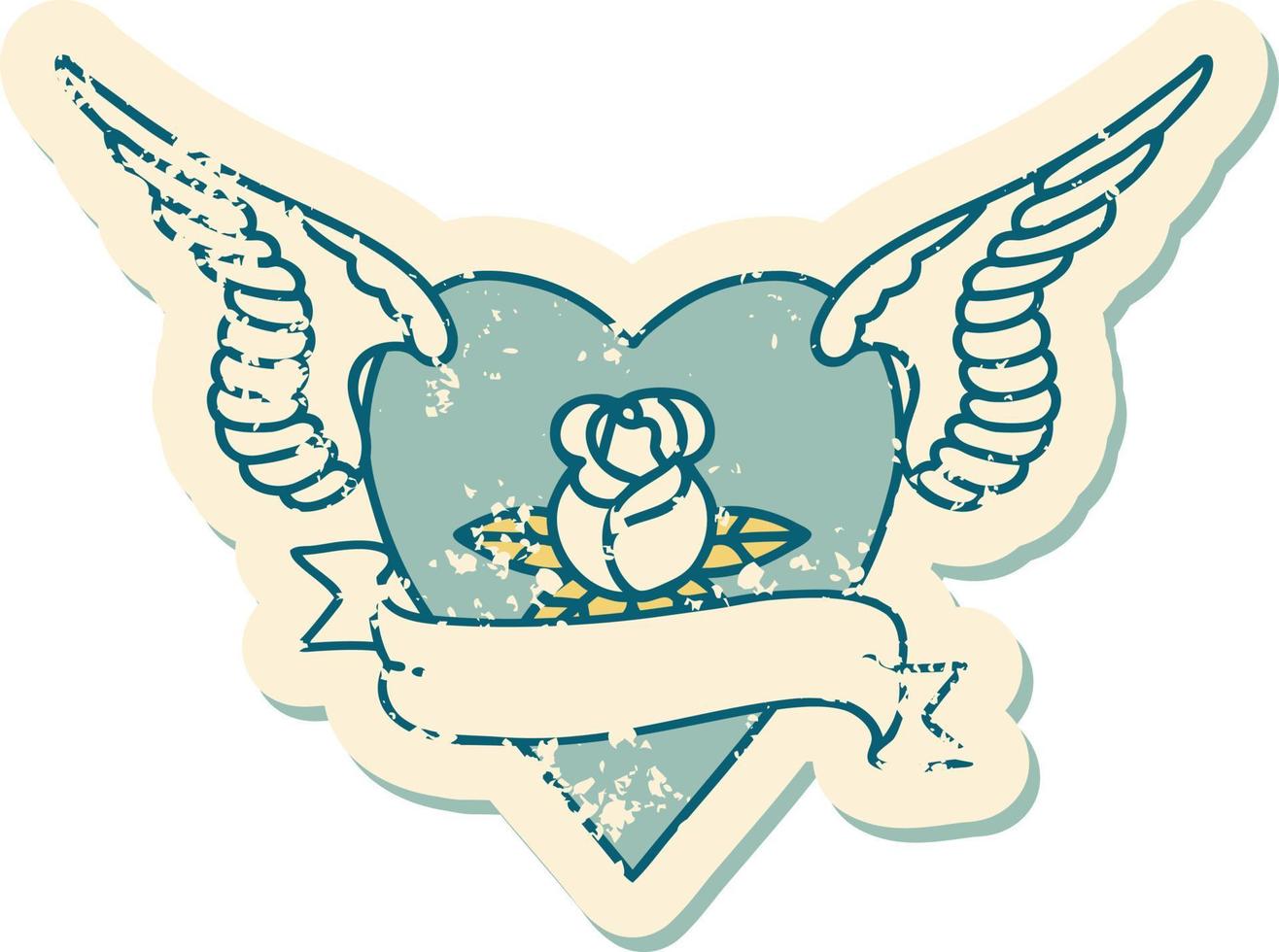 iconic distressed sticker tattoo style image of heart with wings a rose and banner vector