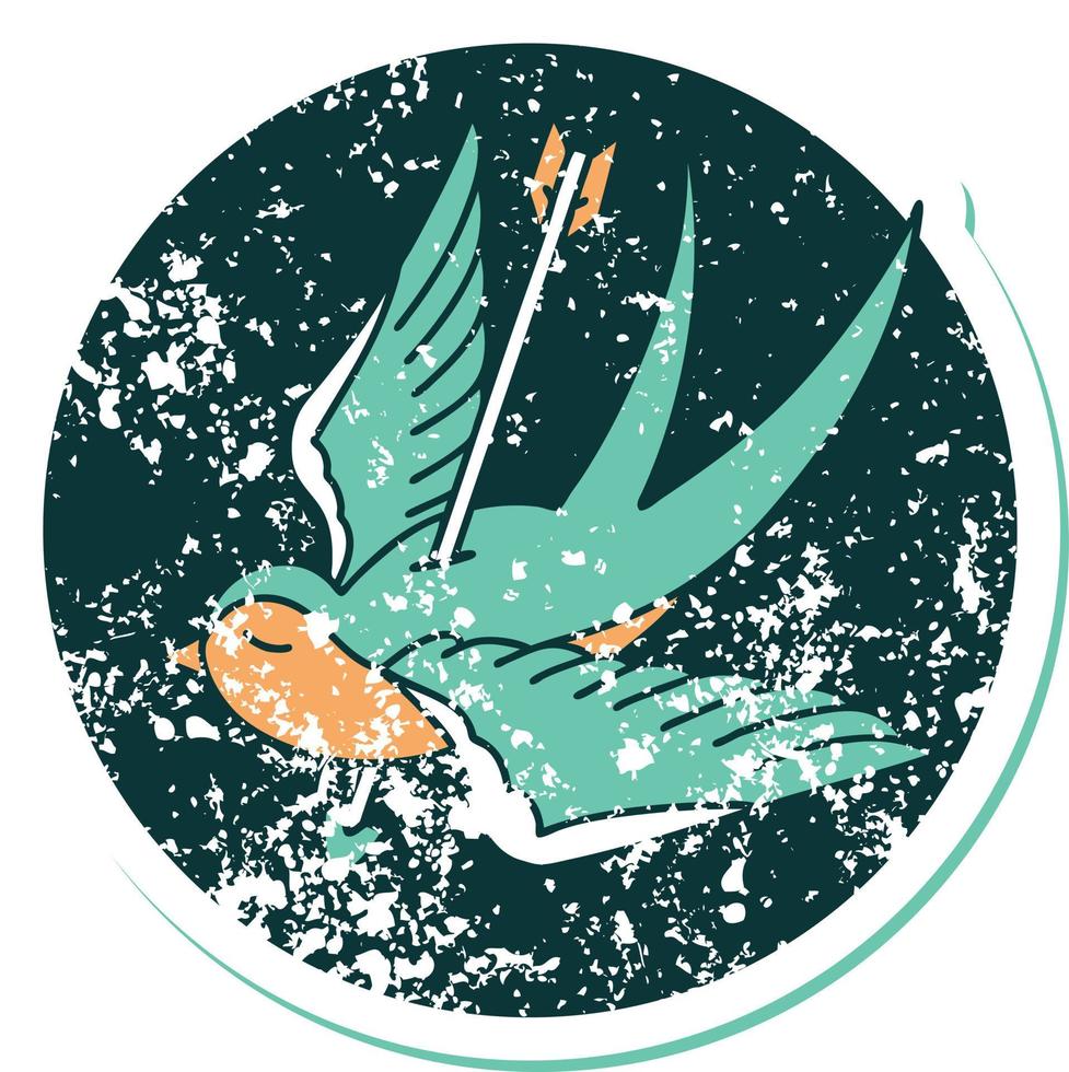 iconic distressed sticker tattoo style image of a swallow shot through with arrow vector