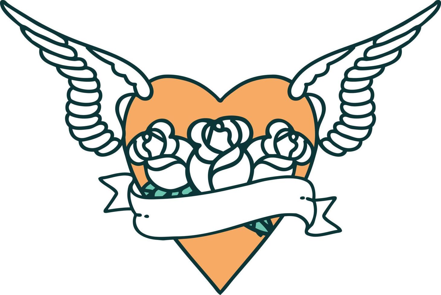 imagen icónica de estilo tatuaje de corazón con alas, flores y pancarta vector