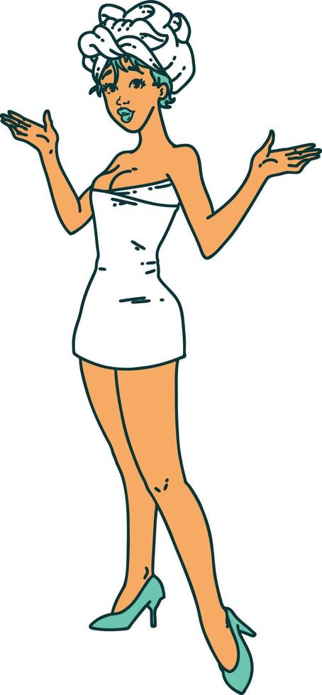 tattoo in traditional style of a pinup girl in towels vector