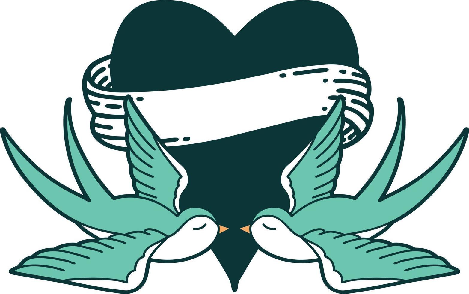iconic tattoo style image of swallows and a heart with banner vector