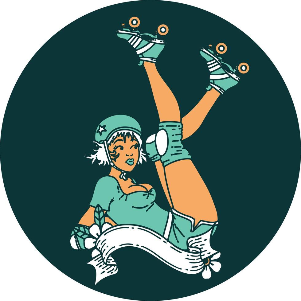 tatuaje al estilo tradicional de una pinup roller derby girl con pancarta vector