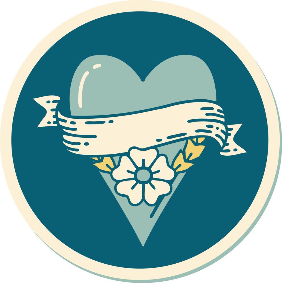 sticker of tattoo in traditional style of a heart flower and banner vector