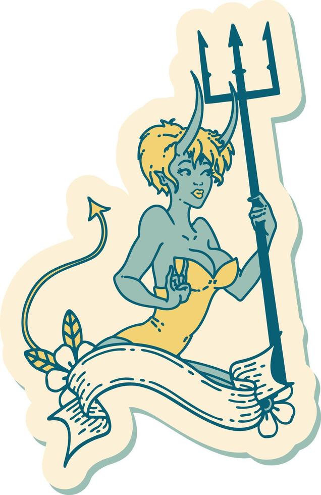 sticker of tattoo in traditional style of a pinup devil girl with banner vector