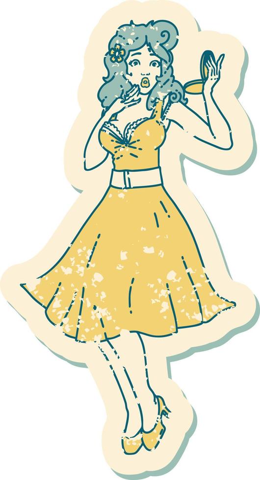 iconic distressed sticker tattoo style image of a pinup surprised girl vector