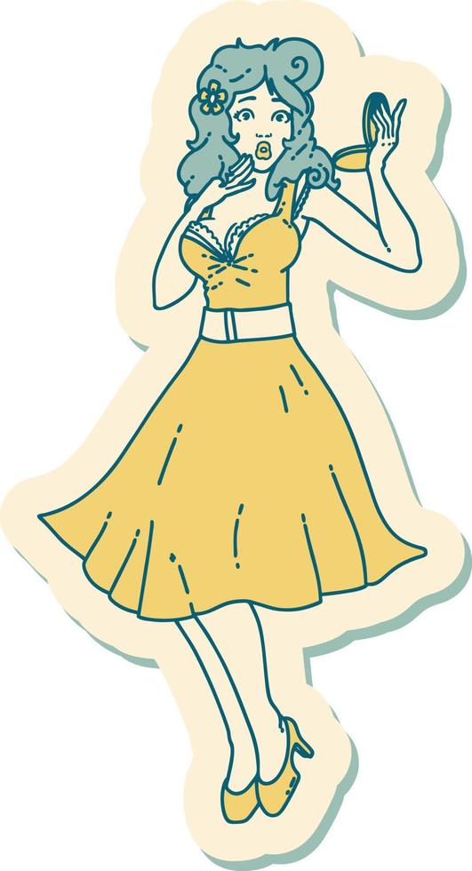 sticker of tattoo in traditional style of a pinup surprised girl vector