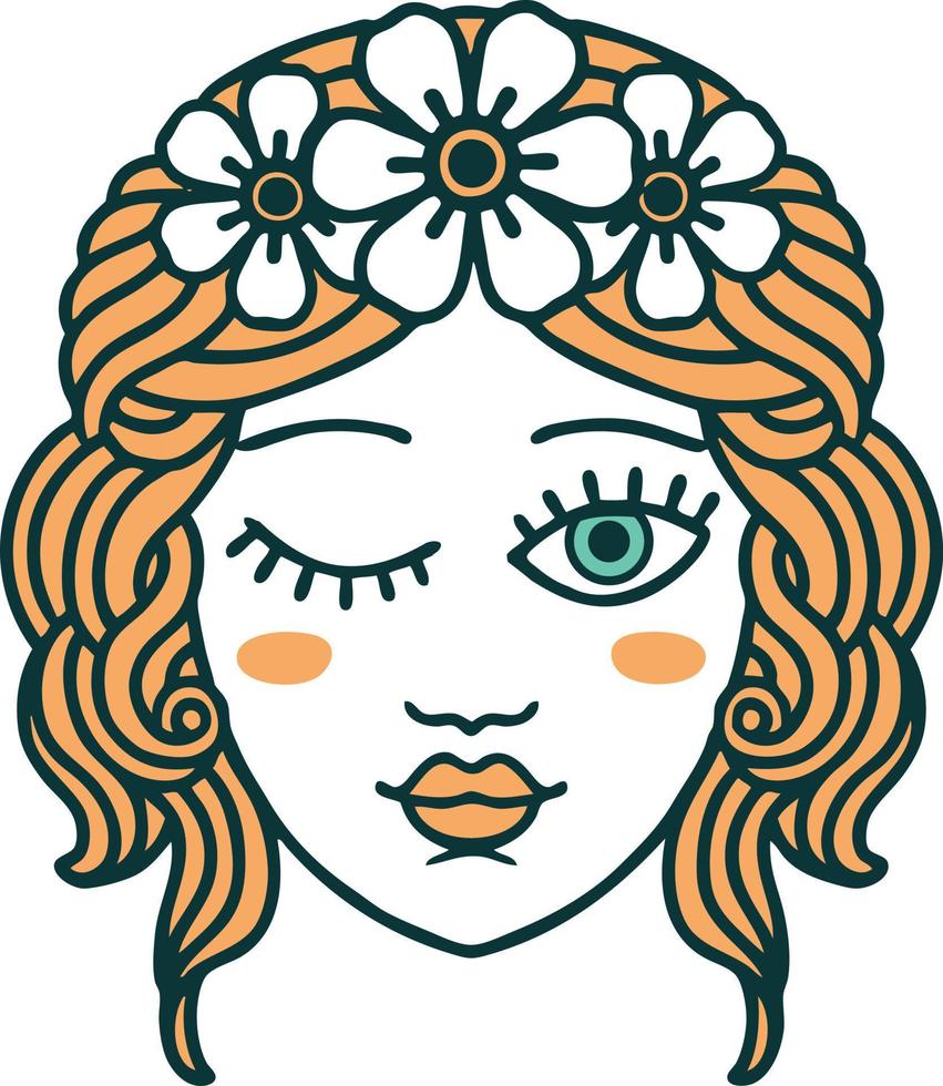 iconic tattoo style image of a maidens face winking vector