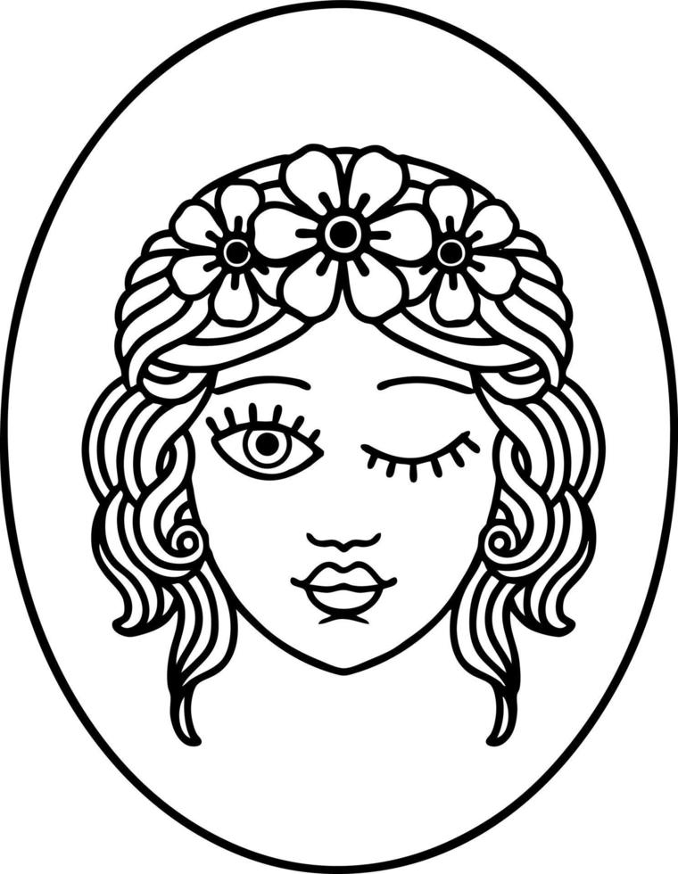 tattoo in black line style of a maiden with crown of flowers winking vector