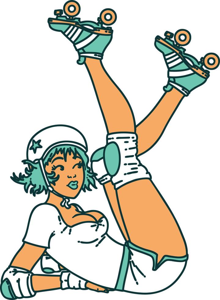 tatuaje al estilo tradicional de una pinup roller derby girl vector