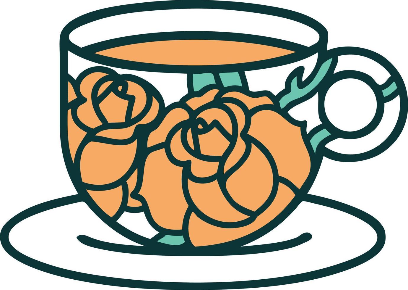 imagen icónica de estilo tatuaje de una taza y flores vector