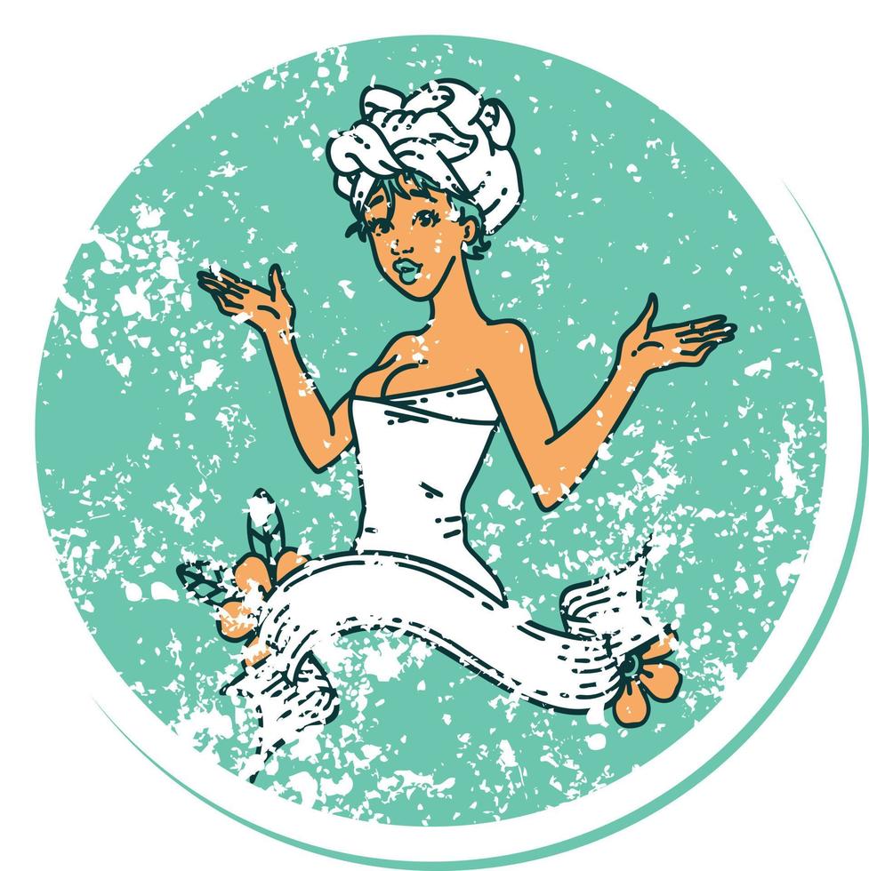 distressed sticker tattoo in traditional style of a pinup girl in towel with banner vector