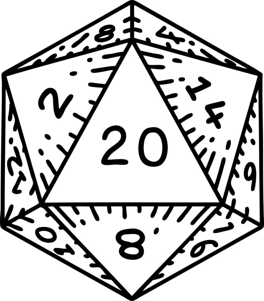 tatuaje en estilo de línea negra de un dado d20 vector