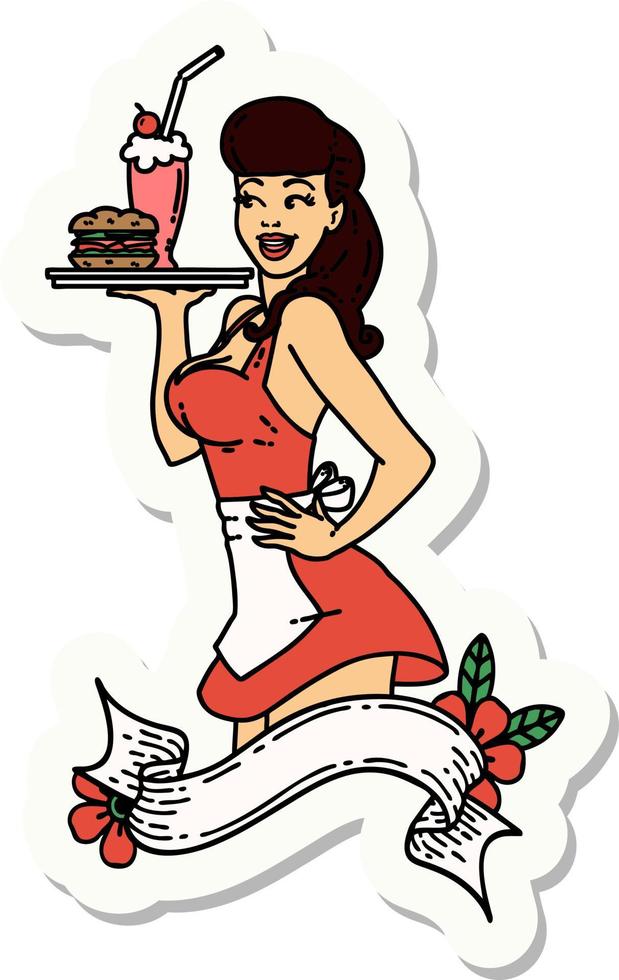 sticker of tattoo in traditional style of a pinup waitress girl with banner vector