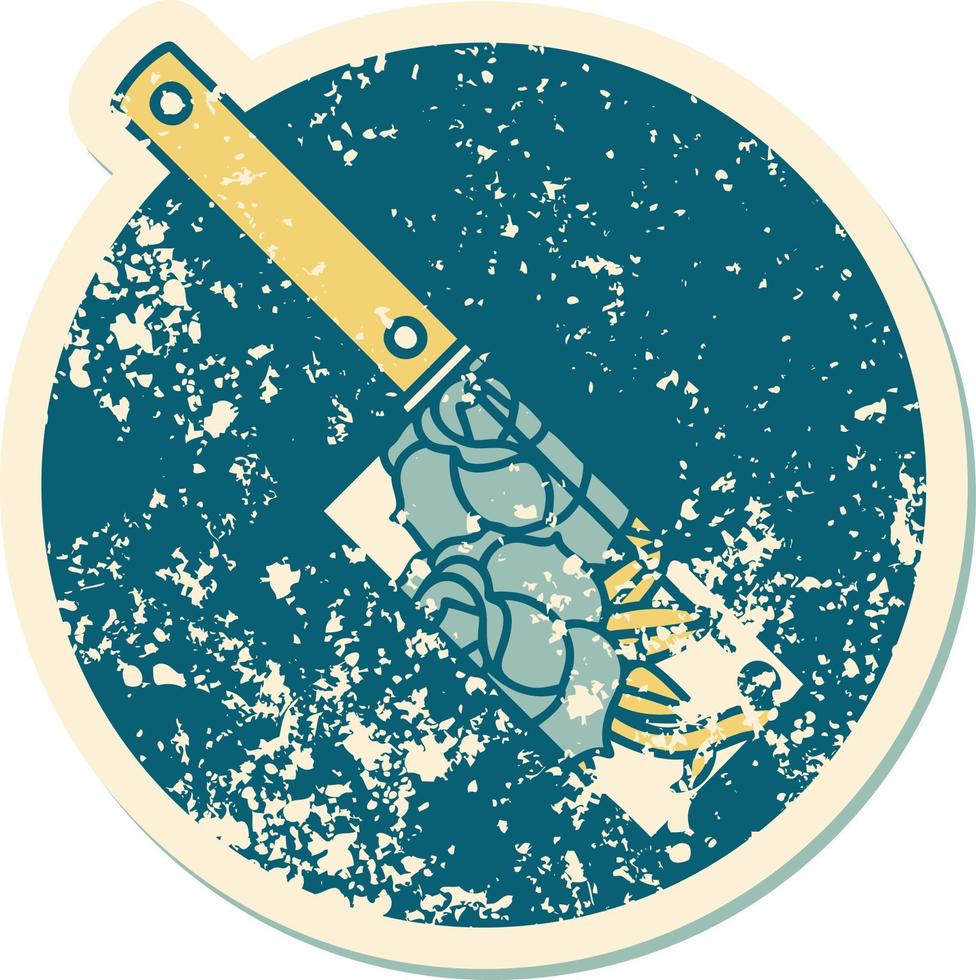 iconic distressed sticker tattoo style image of a cleaver and flowers vector