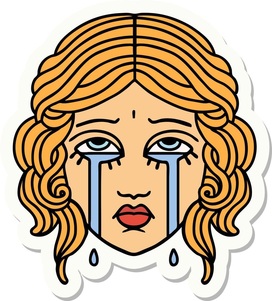 sticker of tattoo in traditional style of female face crying vector