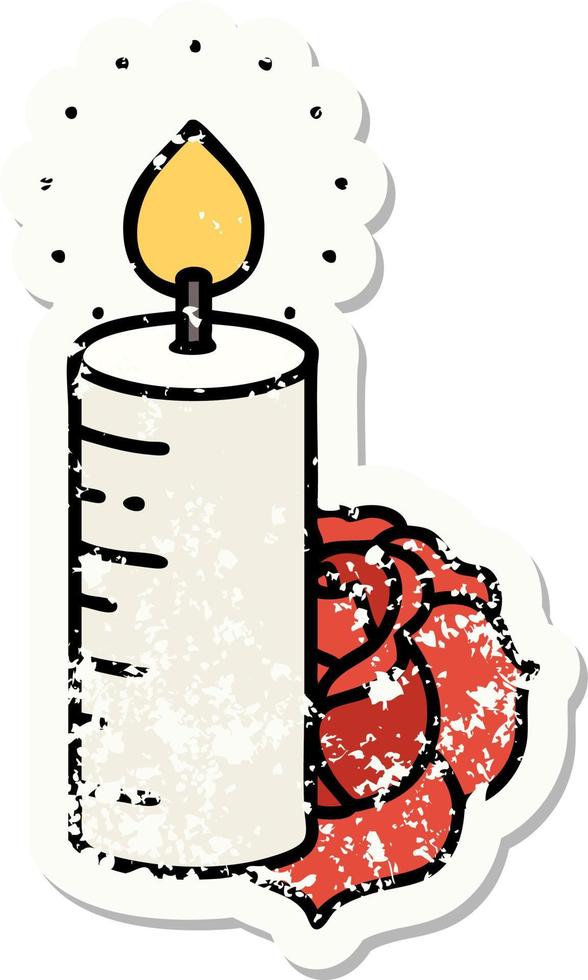 distressed sticker tattoo in traditional style of a candle and a rose vector