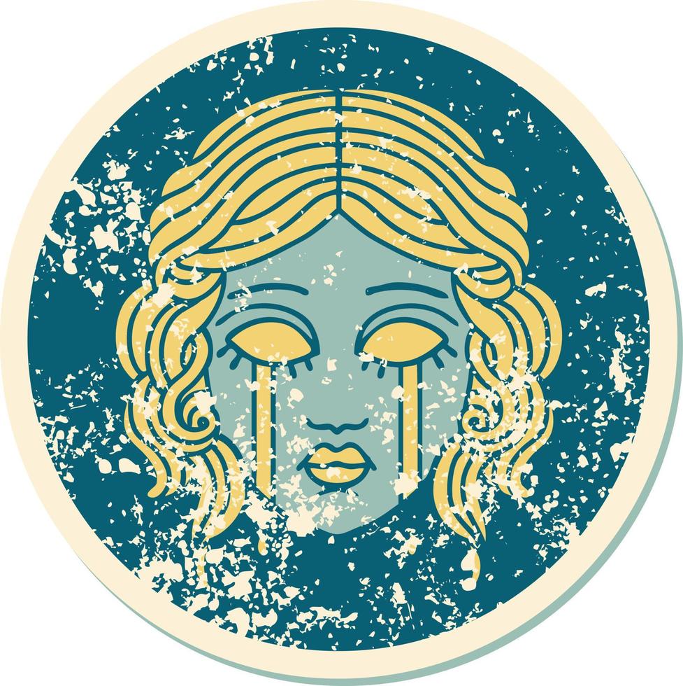 iconic distressed sticker tattoo style image of female face crying vector