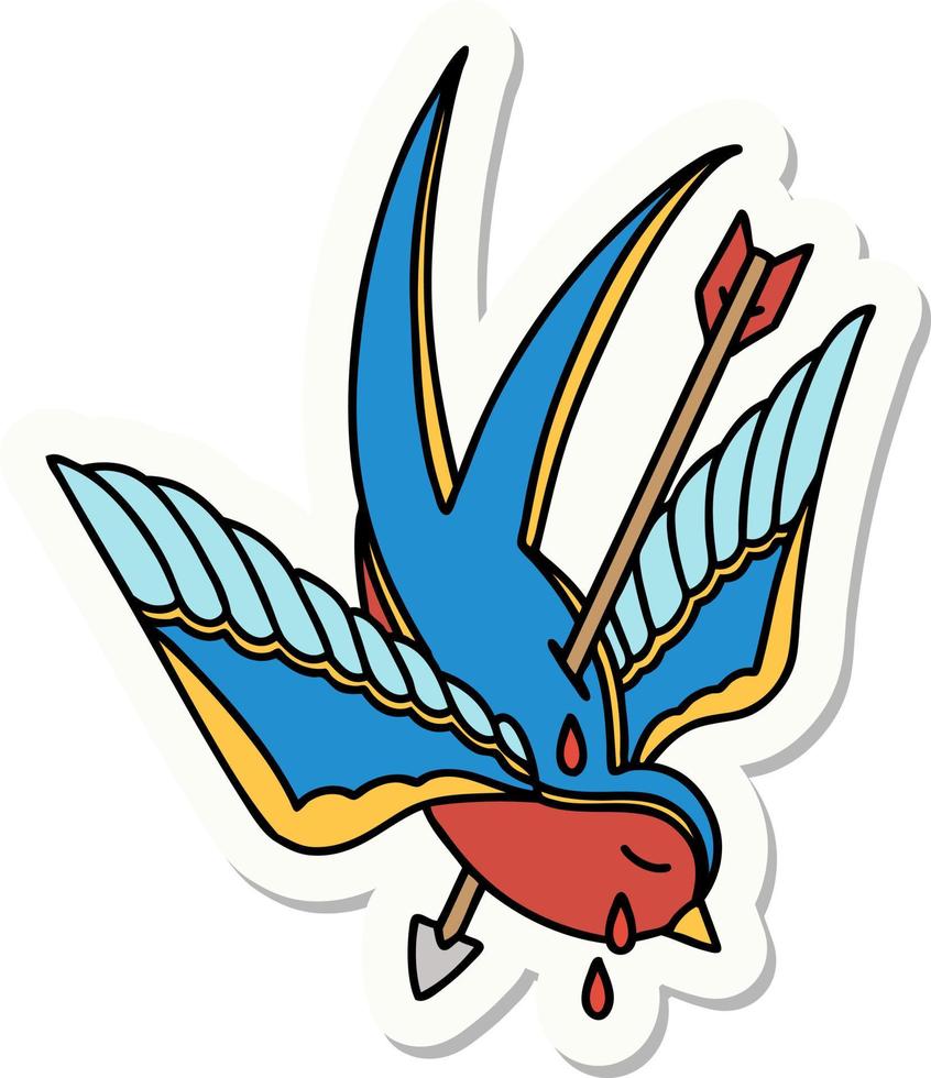 sticker of tattoo in traditional style of a swallow pierced by arrow vector