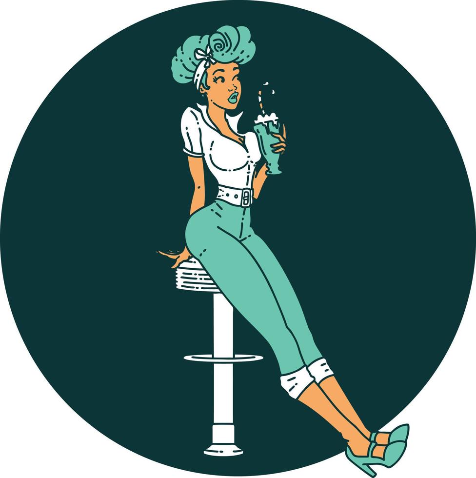 tattoo in traditional style of a pinup girl drinking a milkshake vector