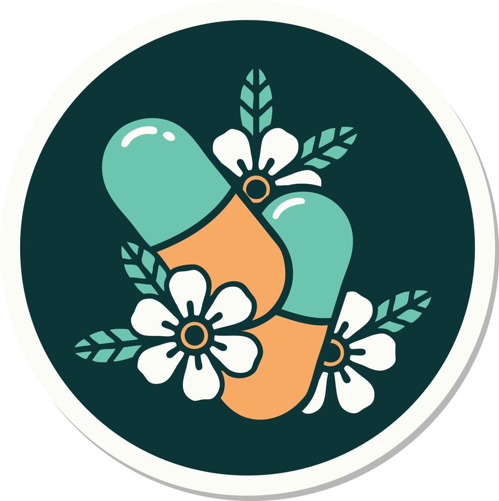 sticker of tattoo in traditional style of pills and flowers vector