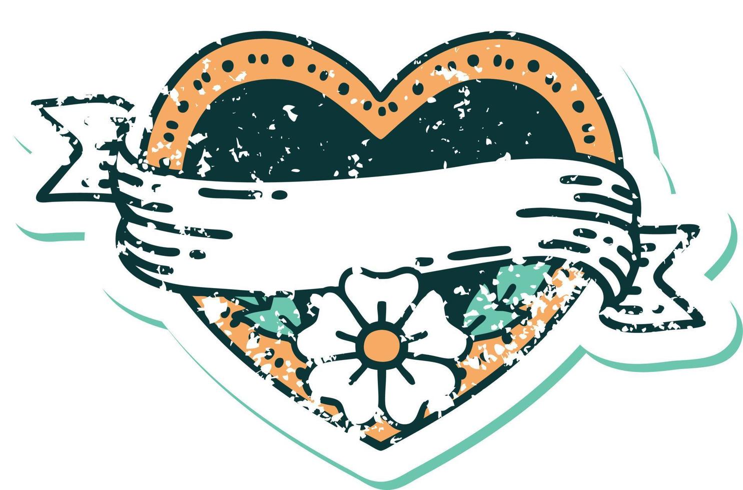 iconic distressed sticker tattoo style image of a heart and banner with flowers vector