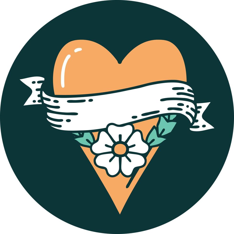 imagen icónica de estilo tatuaje de una flor de corazón y pancarta vector