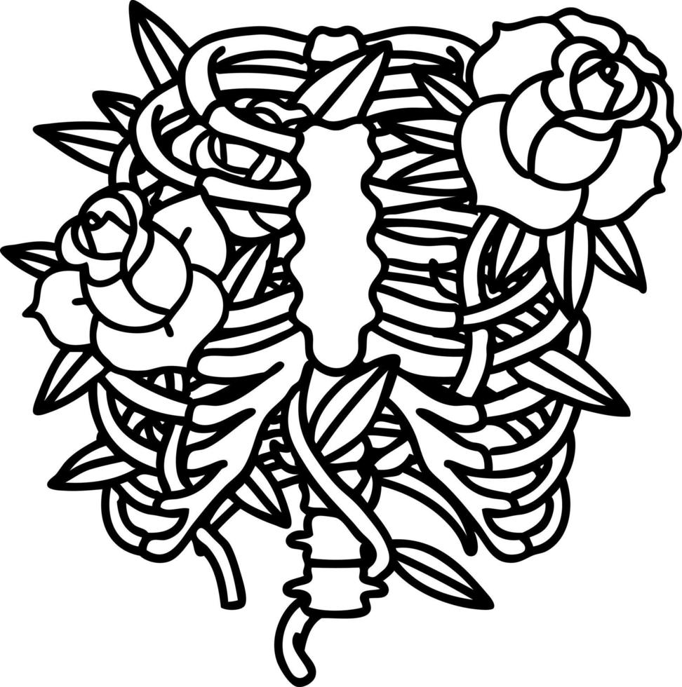 tattoo in black line style of a rib cage and flowers vector