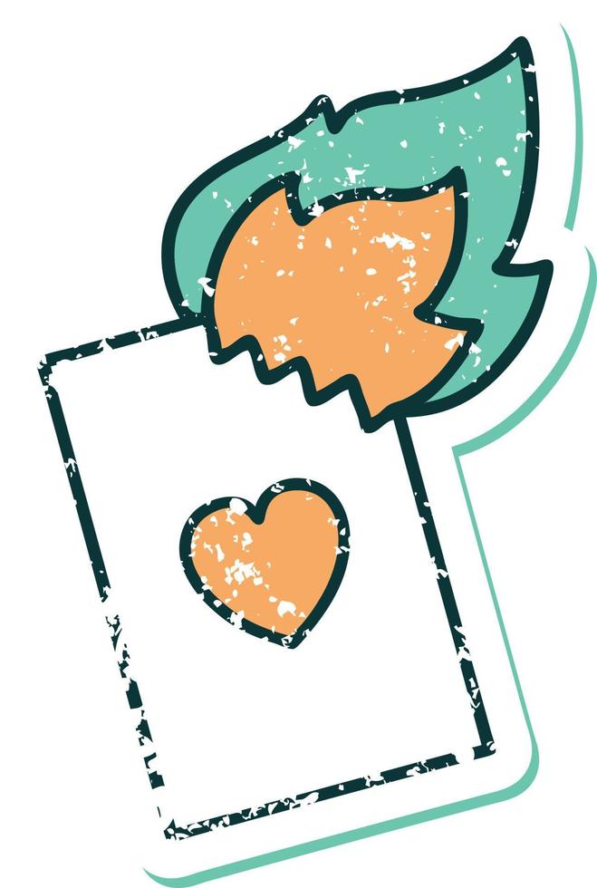 iconic distressed sticker tattoo style image of a flaming card vector